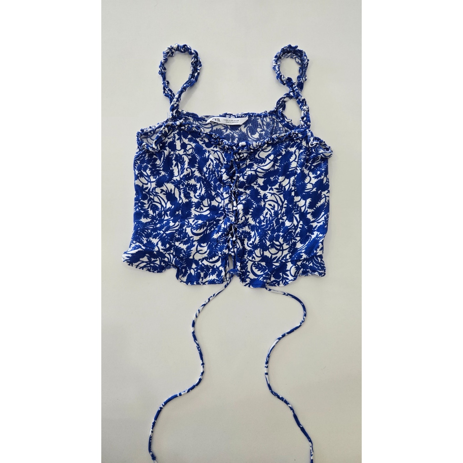Zara Blue White Floral Lace Up Crop Top Women’s Xs Sleeveless Summer Boho Print